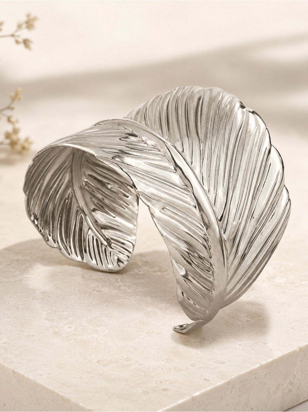 Silver Leaf Cuff Bracelet Statement Wide Botanical Open Bangle